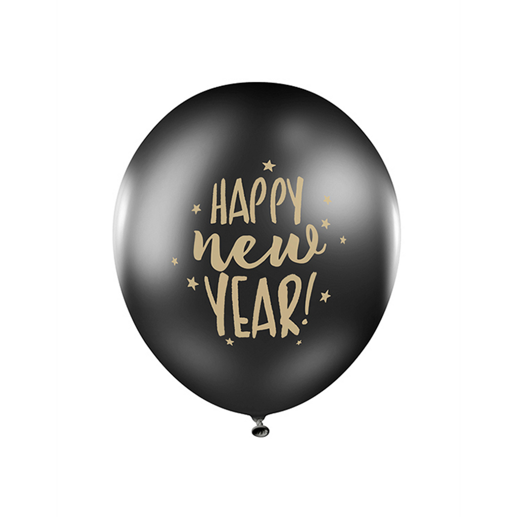 6 Motivballons - Happy New Year 2.0 / Silvester - Gold Latex Ballons Ø 30cm