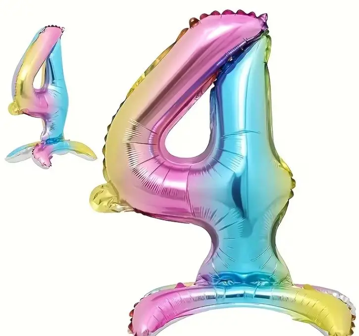 Zahlenballon 4 - Ballon mit Fuss in Regenbogenfarben - Folienballon ~60cm