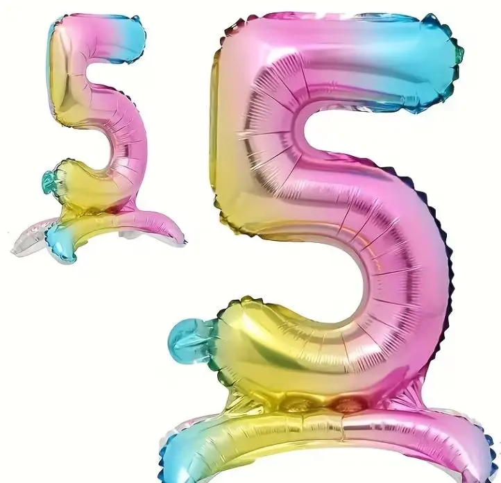 Zahlenballon 5 - Ballon mit Fuss in Regenbogenfarben - Folienballon ~60cm