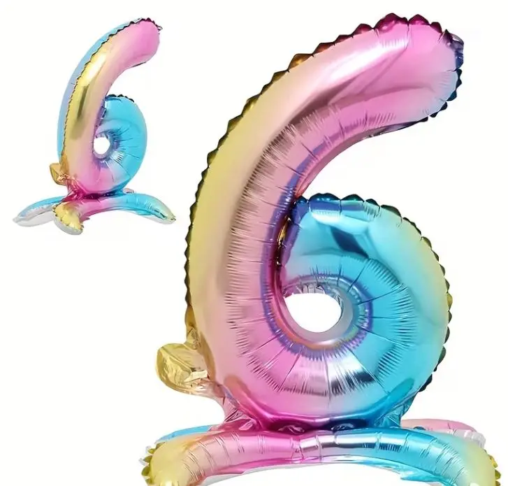 Zahlenballon 6 - Ballon mit Fuss in Regenbogenfarben - Folienballon ~60cm