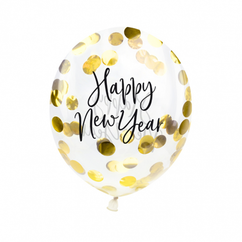 3 Konfettiballons - Happy New Year / Silvester - Gold Latex Ballons mit Konfetti Ø 30cm