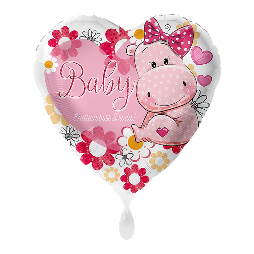 [4013K] Baby Nilpferd Mädchen - Endlich bist du da! Geburt Birthday Herzballon Ballon Folienballon 43cm