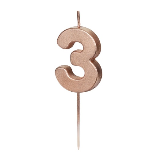 [SCU12M-3-019R] Zahl 3 Zahlenkerze - Rosegold Happy Birthday Kerze Kuchenkerze