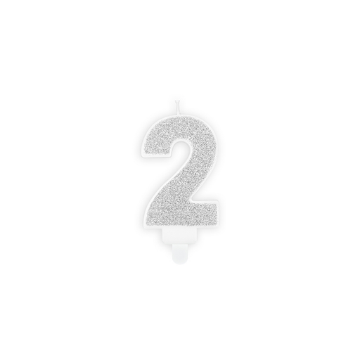 [SCU3-2-018B] Zahl 2 Zahlenkerze - Silber glitzern Happy Birthday Kerze Kuchenkerze