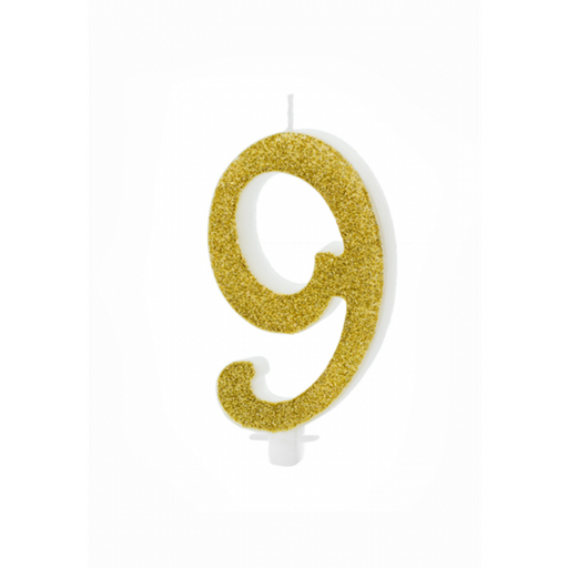 [SCU4-9-019] Zahl 9 XL Zahlenkerze - Gold Gltzer Happy Birthday Kerze Kuchenkerze