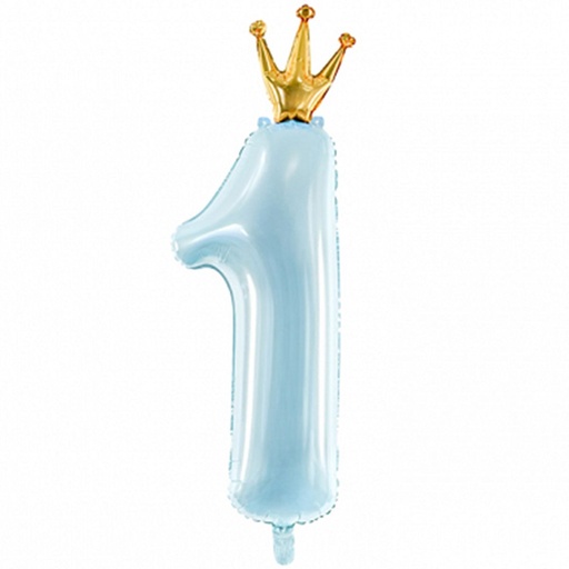 [FB87M-011] Prinz Zahlenballon 1 mit Krone - Prince Ballon XXL in Babyblau - Folienballon 30x90cm