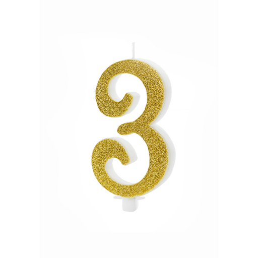 [SCU4-3-019] Zahl 3 XL Zahlenkerze - Gold Gltzer Happy Birthday Kerze Kuchenkerze