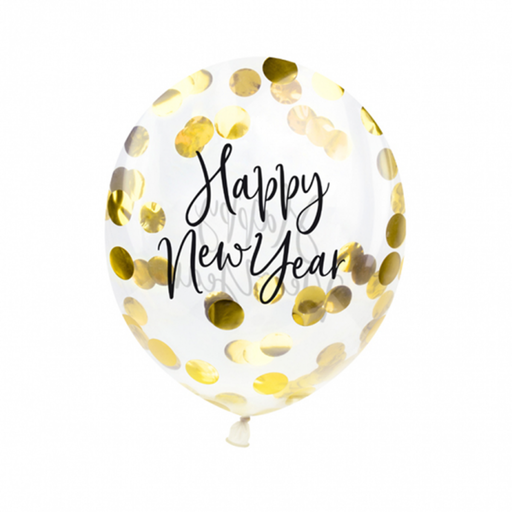 [BK12-2-019] 3 Konfettiballons - Happy New Year / Silvester - Gold Latex Ballons mit Konfetti Ø 30cm